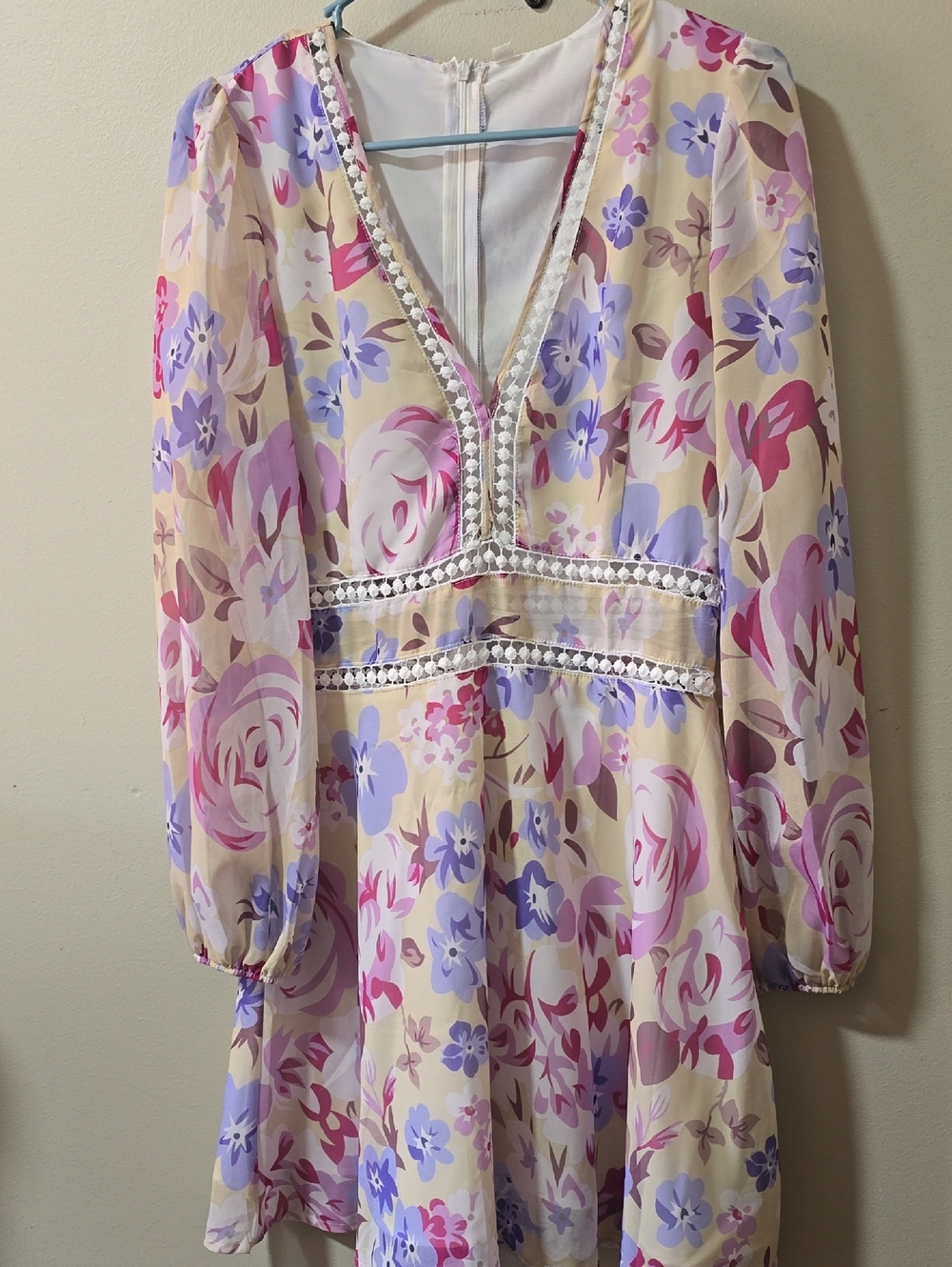 Floral V-Neck Long Sleeve Mini Dress in Pastel Pink & Lavender